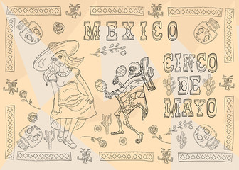 contour illustration 12 poster design sticker with pattern frame Mexican theme for event decoration and backgrounds