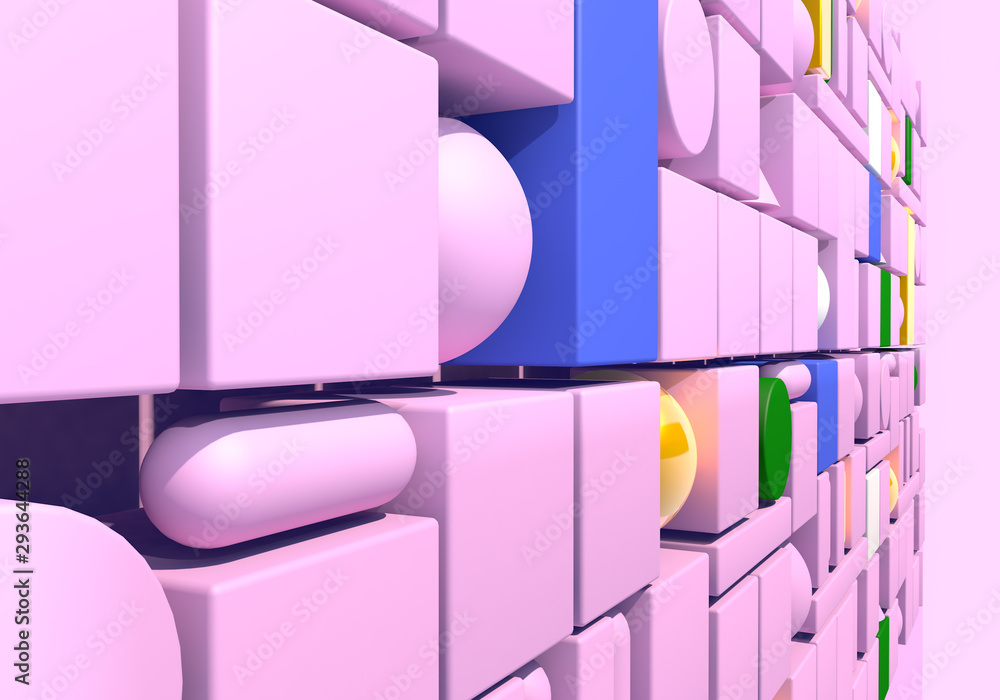Poster abstract background with wall of multiple 3d shapes. 3d illustration