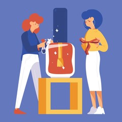 Vector concept scene with two women preparing for nail polish presentation. Flat characters polishing bottle and handling bow. Isolated on blue background illustration for enamel production