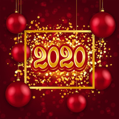 New Year 2020. Bright red banner with gold frame, christmas balls and golden confetti. Design concept for flyer, poster, greeting card. Vector illustration.
