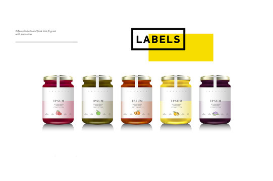 Glass jars with with jam, configure or honey. Vector illustration. Packaging collection. Label for jam. Bank realistic. Mock up jam jars with design labels or badges.