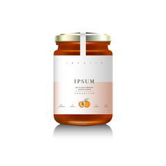 Realistic glass bottle packaging for fruit jam design. Apricot jam with design label, typography, line drawing apricots i. Mock up container or jar