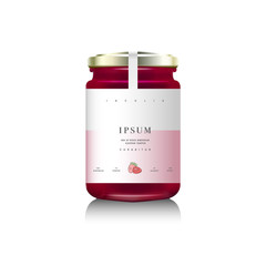 Realistic glass bottle packaging for fruit jam. Raspberry or strawberry jam with design label, typography, line strawberry icon.