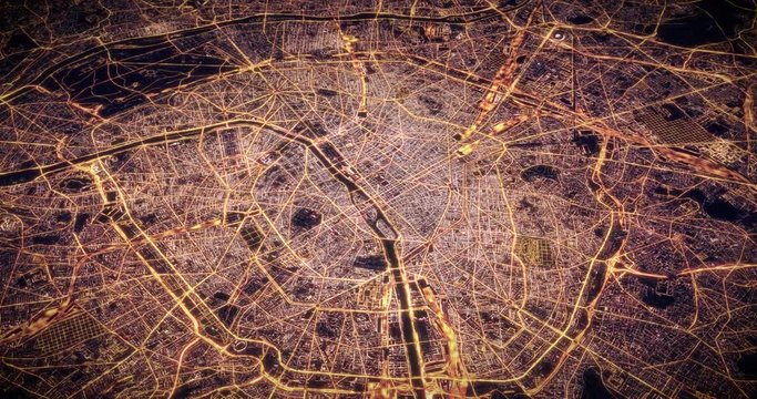 Aerial night view of city of Paris, France. Traffic and street light glowing. Camera flying above space filming to city center. Rotating around and making endless loop. 3d animation rendering.