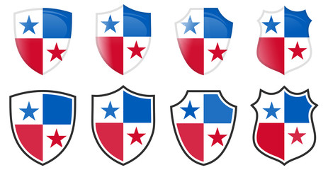 Vertical Panama flag in shield shape, four 3d and simple versions.
