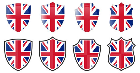 Vertical British flag in shield shape, four 3d and simple versions. United Kingdom icon / sign