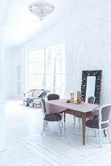 A spacious bright living room with a stylish modern design with elements of antique decor and beautiful chic furniture