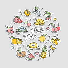 Stickers set in patch badges and pins with cartoon fruit. Different stickers. Vector crazy doodles summer exotic fruit.