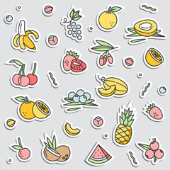 Stickers set in patch badges and pins with cartoon fruit. Different stickers. Vector crazy doodles summer exotic fruit.