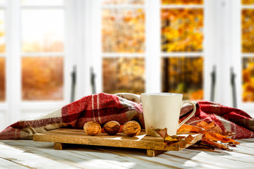 Wooden window of autumn with free space for your decoration. 
