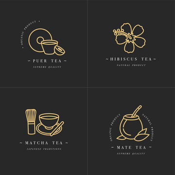 Vector set design golden templates logo and emblems - organic herbs and teas . Different teas icon-puer, hibiscus, mate and matcha. Logos in trendy linear style isolated on white background.
