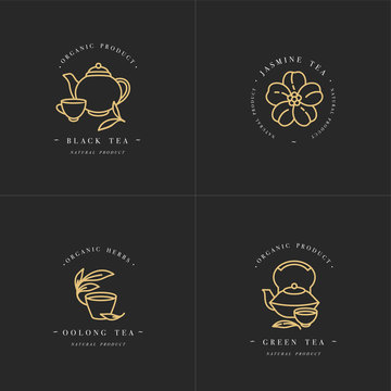 Vector set design golden templates logo and emblems - organic herbs and teas . Different teas icon- jasmine, black, green and oolong . Logos in trendy linear style isolated on white background.