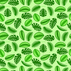  Seamless vector background of different tropical leaves on green background