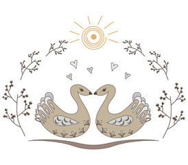 Two cute swans are standing nearby. The sun is above them, and the flowers are around.