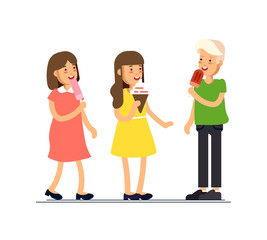 Vector Illustration of children feeling happy and eat sweets like ice cream. Children on holiday vacation. Childhood.