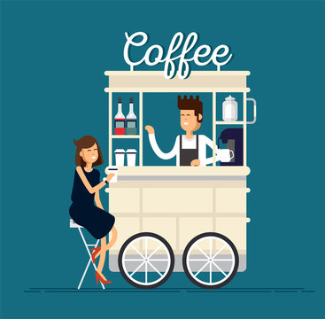 Creative detailed vector street coffee cart or shop with espresso machine, syrup bottles, disposable cups and with seller. Young people having a coffee.