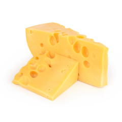 Large piece of yellow cheese with holes with a slice Isolated on a white background. Side view.