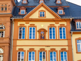 Fototapeta na wymiar 18th-century building at the Hauptmarkt, Main Market in Trier, the oldest German city, facade partial view
