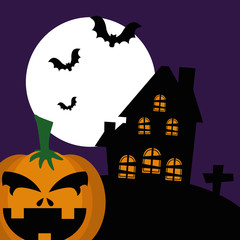 halloween pumpkin with abandoned house and icons vector illustration design
