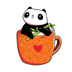 Kawaii panda in an orange mug with a bamboo stick in its paws. Design for print (t-shirt, poster, greeting card, sticker). Hand drawn vector illustration. Isolated on white background.