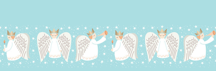 Cute Christmas Scandinavian Style Angels and Stars on Aqua Background Vector Seamless Horizontal Border Pattern - 293649688