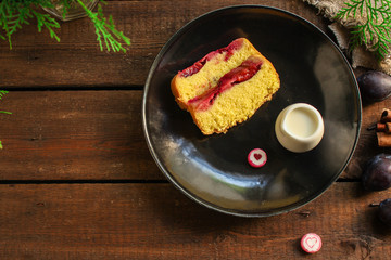 plum pie (delicious dessert, pastries with fruit) menu concept. food background. copy space. Top viev