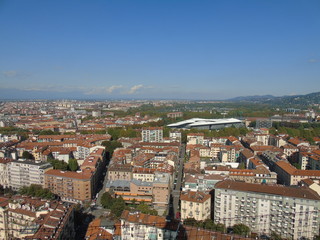 Turin, Italy - 10/02/2019: Travelling around North Italy. Beautiful caption of Turin wih sunny days and blue sky. Panoramic view to the city from Mole Antoneliana. Detailed photography of the old arch