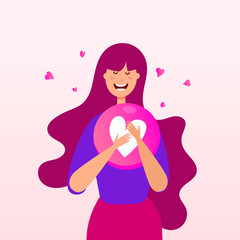 Obraz premium Young girl with emotion heart shape balloon on a pink background. Happy Valentines Day greeting card