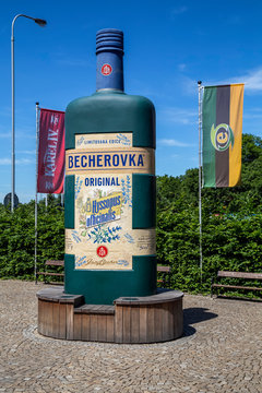 Becherplatz with big Becherovka bottle