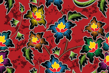 Seamless pattern with floral Illustration, Indonesian batik motif,  Hibiscus vector art