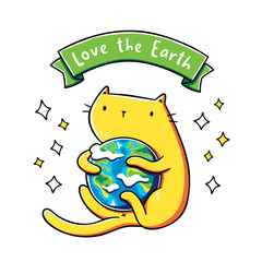 Kawaii orange cat hugging the planet, Love The Earth typography. Design for print (t-shirt, poster, sticker). Hand drawn vector illustration. Isolated on white background.