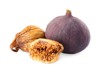 Tasty dried and raw figs on white background