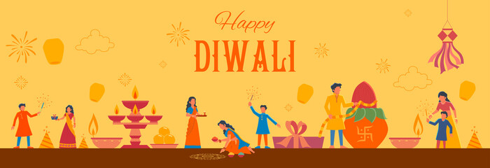 illustration of Indian people celebrating on Happy Diwali Hindu Holiday background for light festival of India