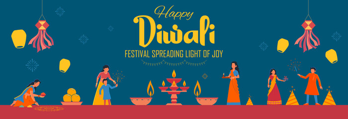 illustration of Indian people celebrating on Happy Diwali Hindu Holiday background for light festival of India