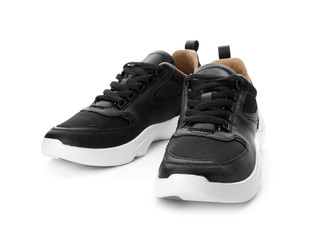 Pair of stylish shoes on white background