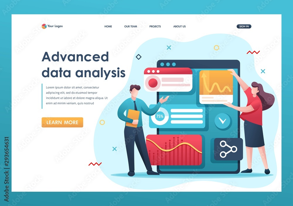Poster young entrepreneurs review reports and analyze data. flat 2d character. landing page concepts and we