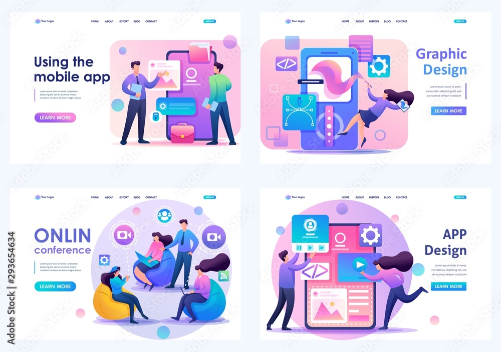 Aufkleber set flat 2d concepts online conference, using mobile app, app design, graphic design. for landing pa