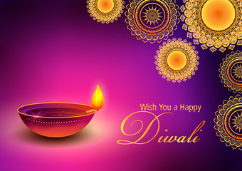 illustration of Burning diya on Happy Diwali Hindu Holiday background for light festival of India