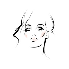 Hand-drawn portrait of young woman. Face of beautiful girl with makeup and hairstyle. Fashion illustration in sketch style. Vector