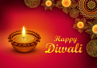 illustration of Burning diya on Happy Diwali Hindu Holiday background for light festival of India