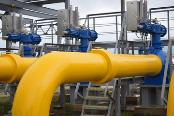 Oil and gas industry, High-pressure gas pipeline, blue and yellow, Piping and valves, Equipment of the gas energy station in Ukraine