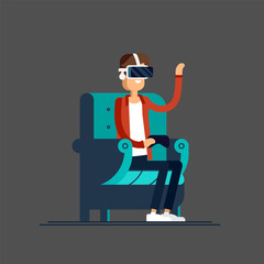 Guy having a good time sitting in armchair wearing virtual reality helmet. Man character in chair enjoying VR device Cool vector concept on virtual reality headset in use.
