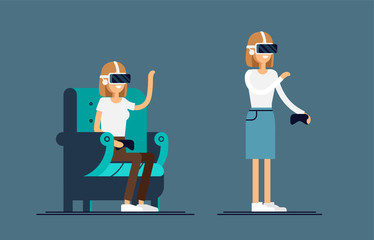 Cool vector concept on virtual reality headset in use. Girl experiences full immersion into virtual reality trying to touch non-physical object. Woman character enjoying VR device