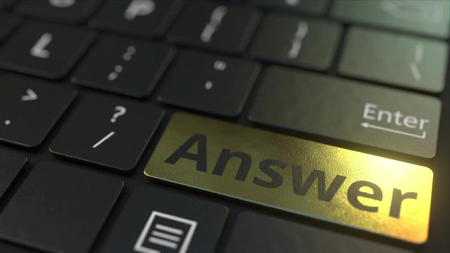 Black computer keyboard and gold answer key. Conceptual 3D animation