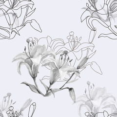 Lily.Seamless pattern of flowers on a white and colored background.