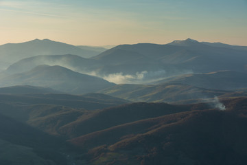 Fantastic views of the evening and morning mountain ridge with tourists and tents