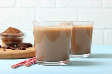 chocolate milk in a glass on the table. 
