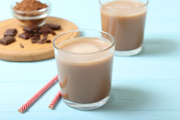 chocolate milk in a glass on the table. 