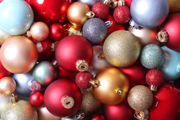 Background of beautiful christmas balls. New Year or Christmas background.
