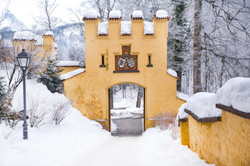 Hohenschwangau fairy-tale castle in Germany in winter. Fussen, Bavaria (Bayern). A lot of snow....